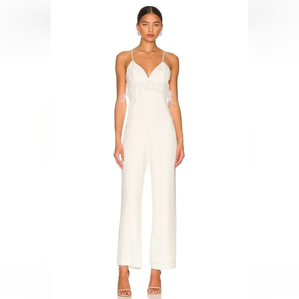 Saylor Krysta Jumpsuit White Sleeveless Small Feathers Bridal Wedding